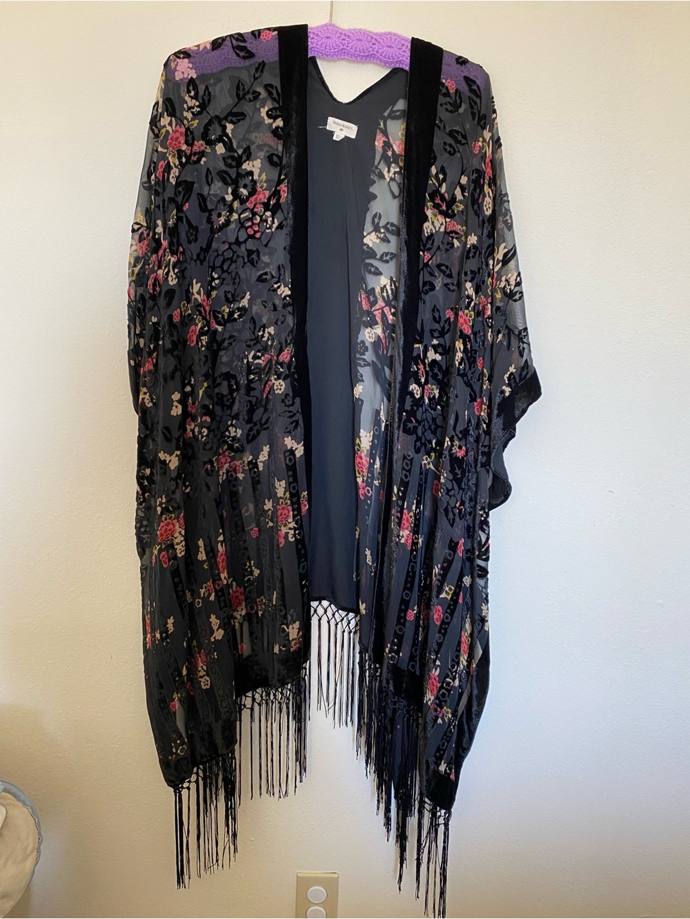 Cost Plus World Market Black Floral Fringe Kimono